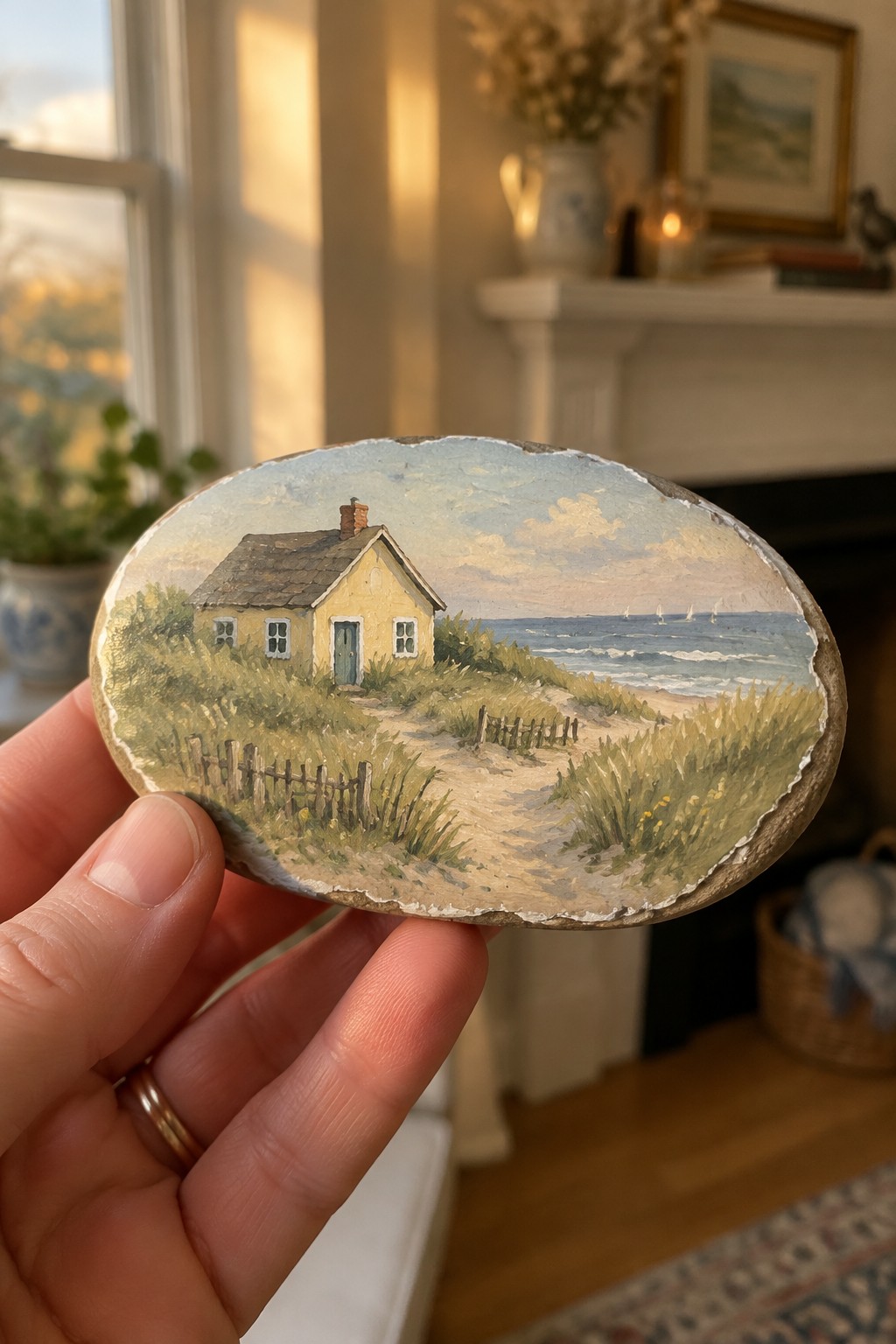 Hand holding oval stone painted with yellow beach house near ocean and sailboats