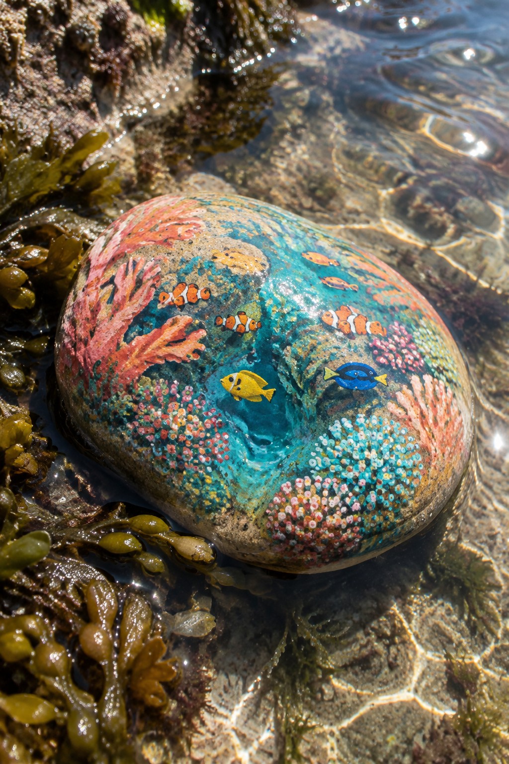 Colorful painted rock with tropical fish and coral in shallow sparkling water