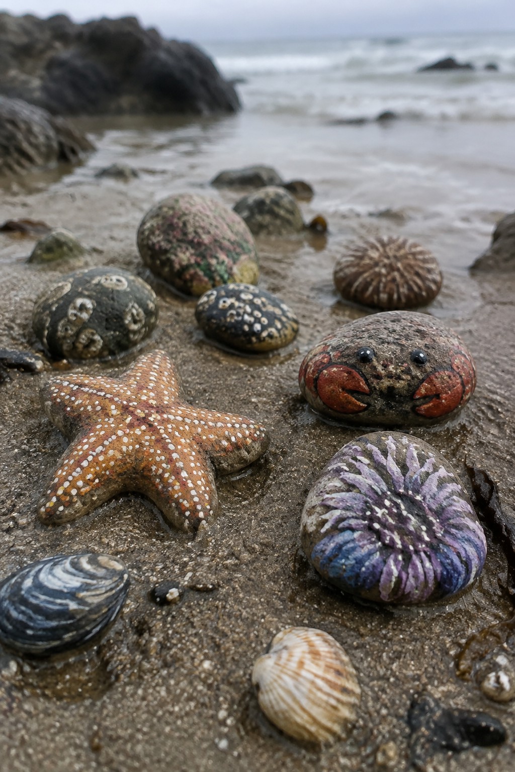Colorful painted rocks with starfish, crab, and shell designs on wet beach sand