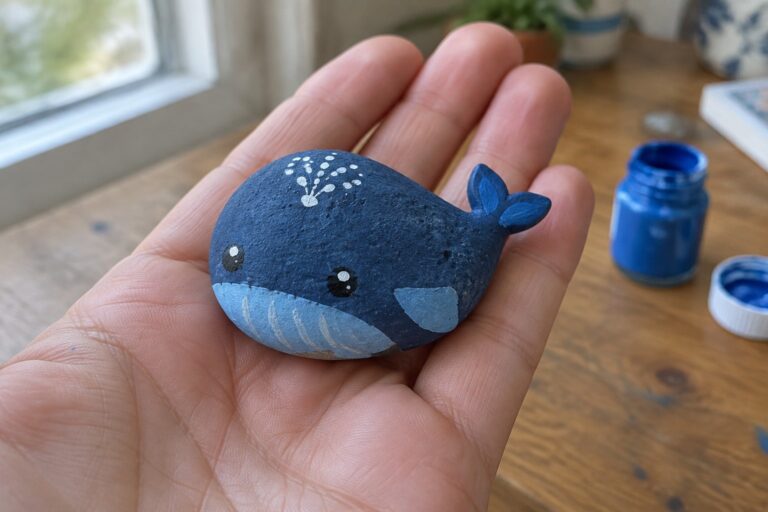 Hand holding small blue painted whale rock with smiling face on wooden table