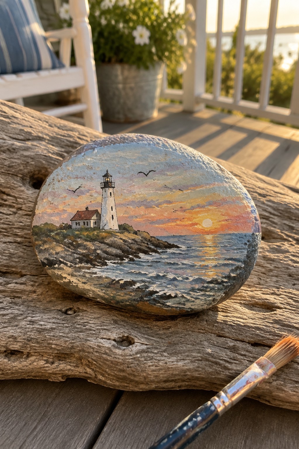 Painted rock with lighthouse sunset scene on driftwood beside paintbrush