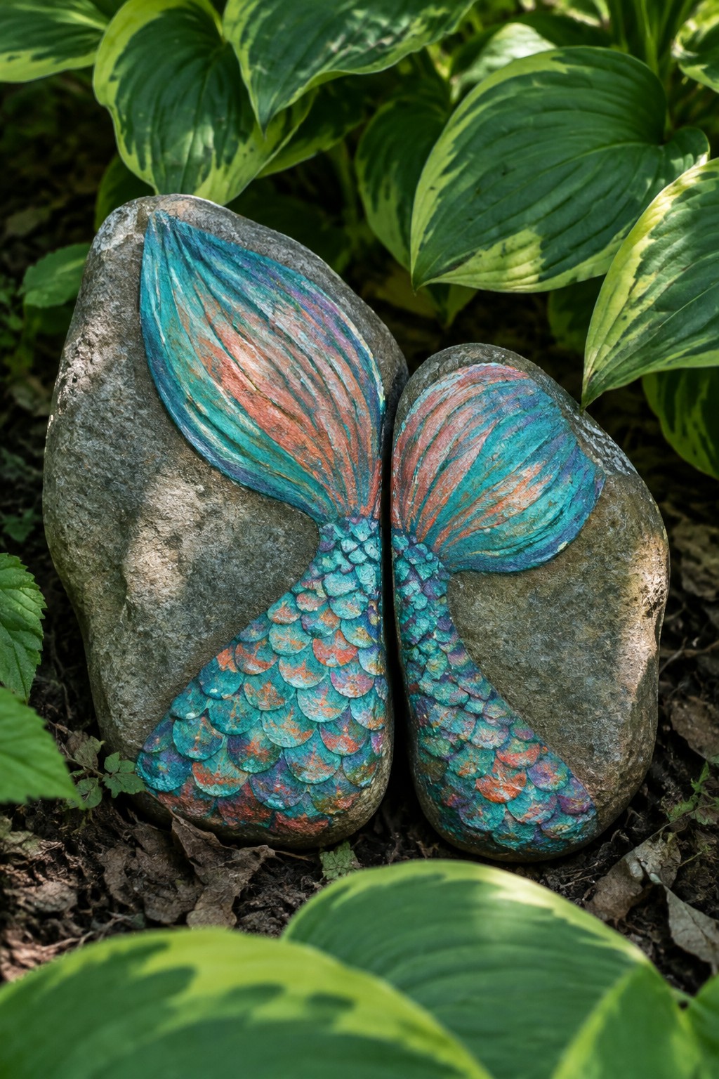 Two rocks painted as vibrant mermaid tails amid lush green foliage