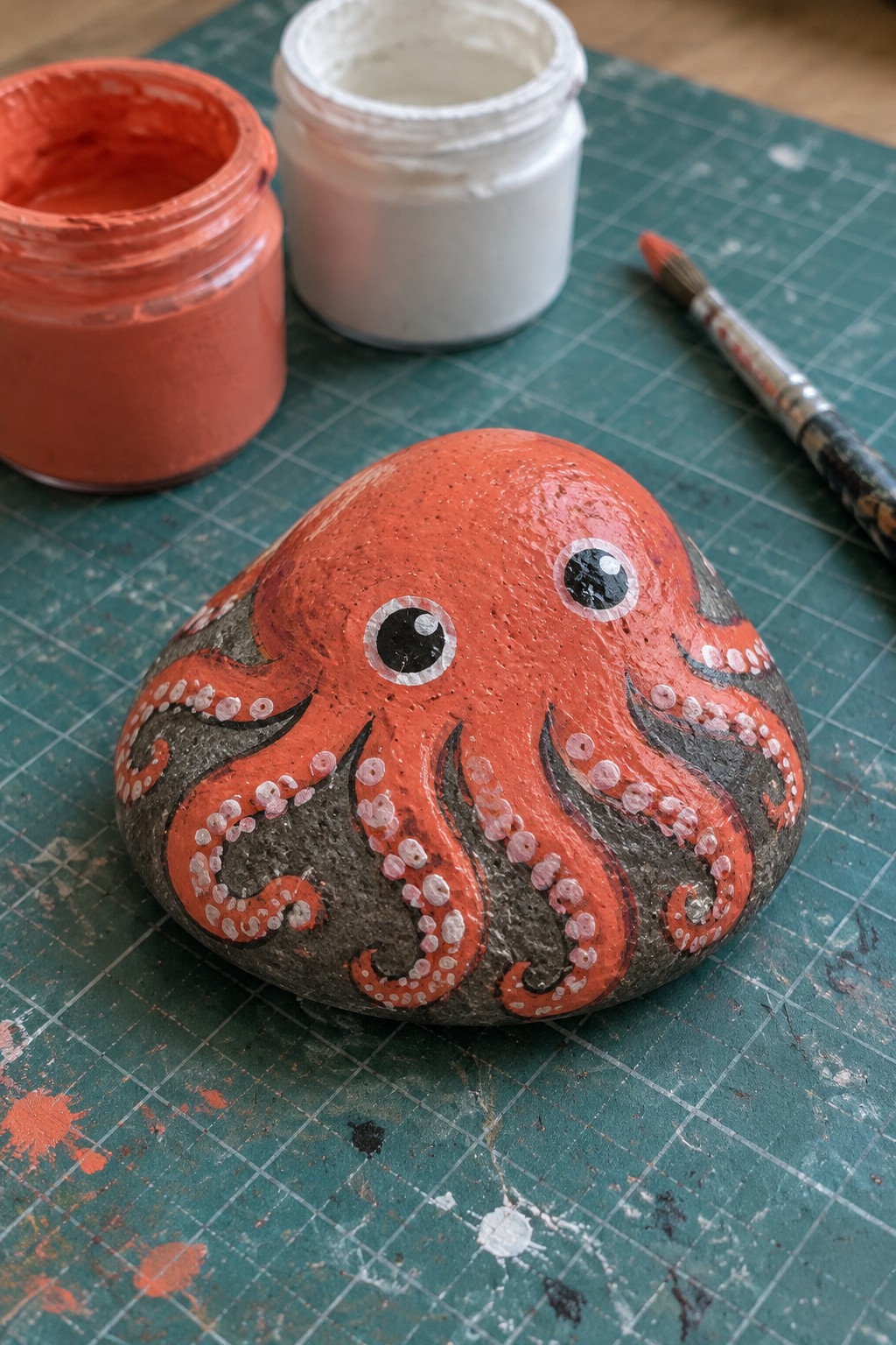 Red octopus painted on rock atop green mat near paint jars and brush