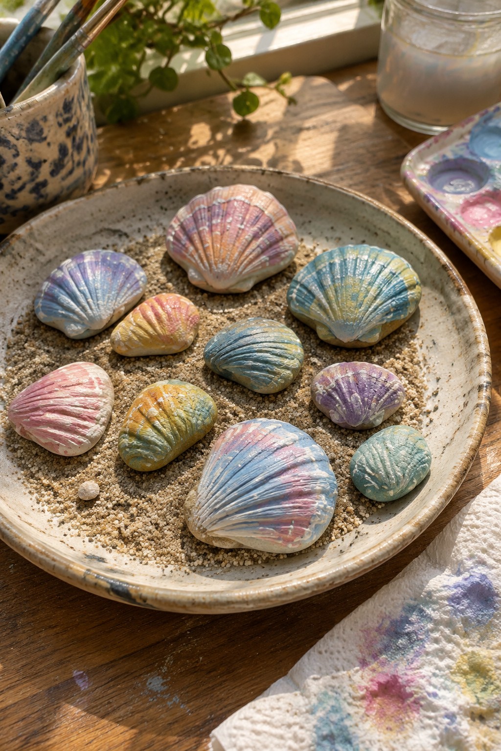 Painted pastel seashells on sand-filled ceramic plate with watercolor palette and brushes nearby