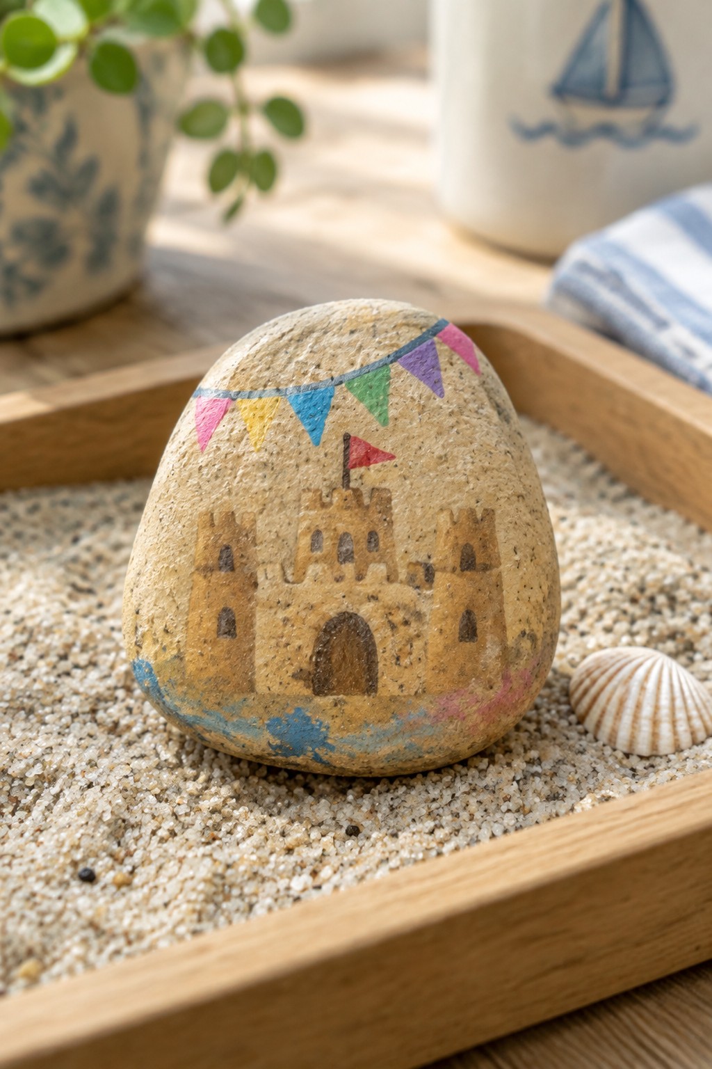 Painted rock with sandcastle and colorful bunting flags in sand-filled wooden tray beside seashell