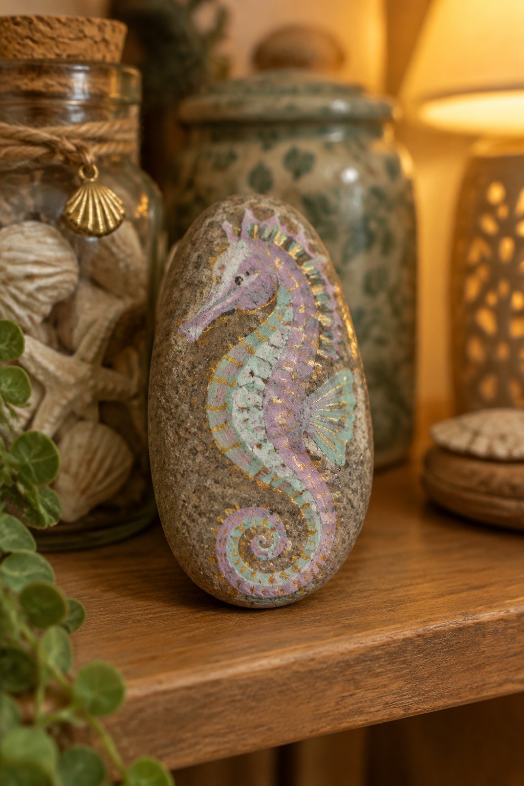 Colorful seahorse painted on stone with gold accents on wooden shelf