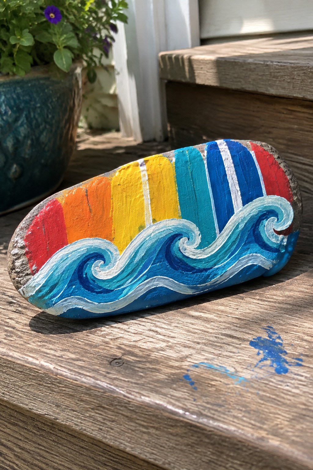Rainbow-painted rock with red-orange-yellow stripes and blue waves on wood steps