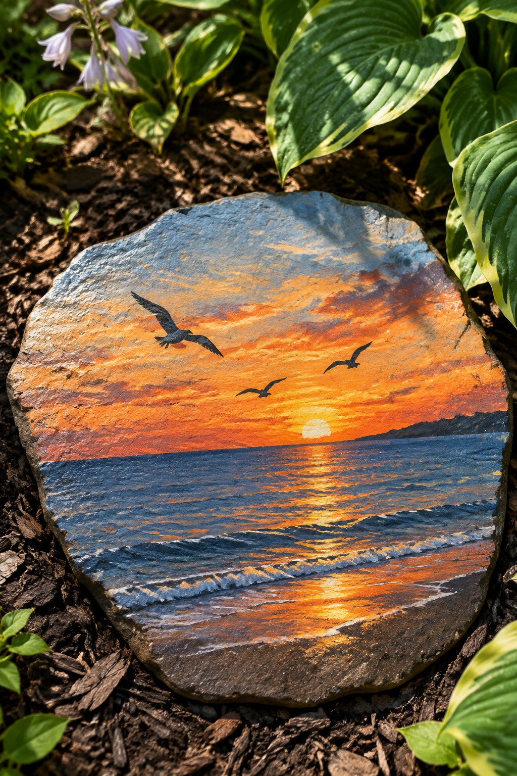 Painted stone with vibrant sunset, ocean waves, and three flying birds