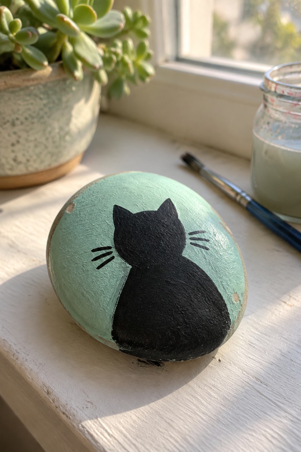 Mint green painted rock with black cat silhouette on sunny windowsill beside succulent and jar