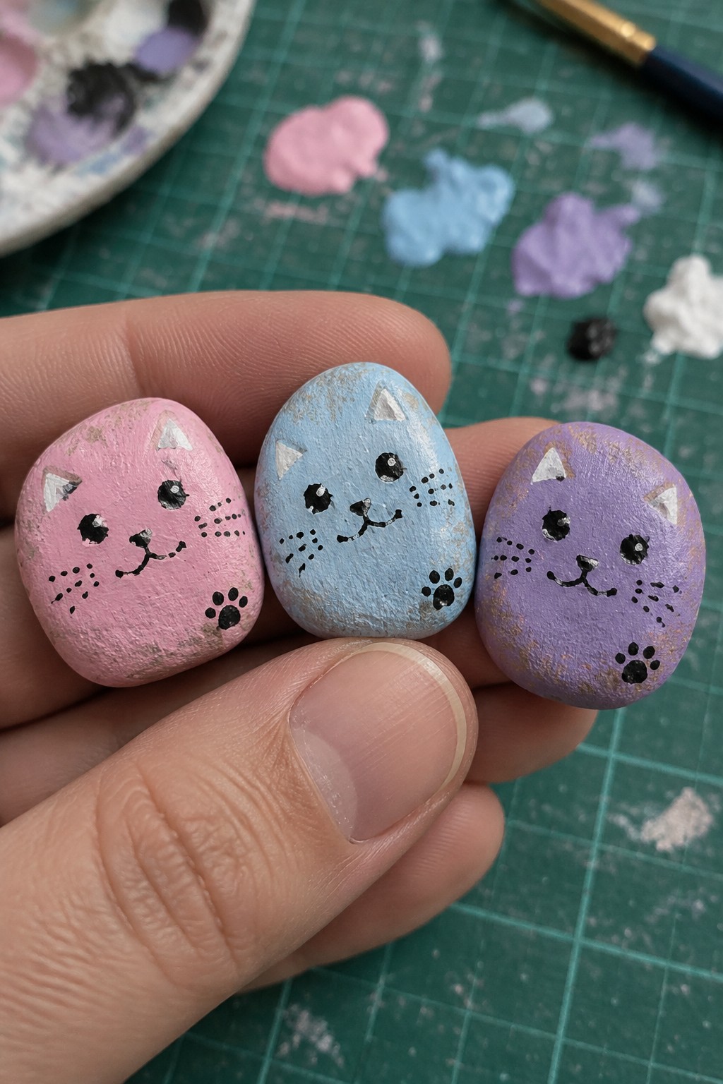 Three hand-painted cat rocks in pink, blue, and purple held by fingers.