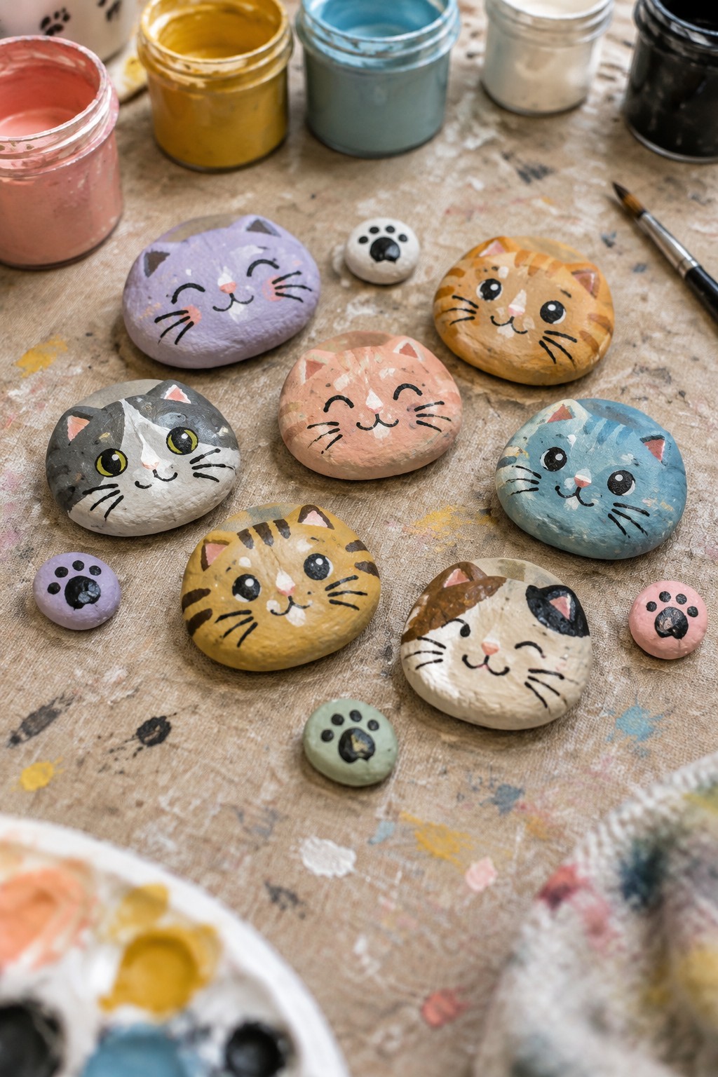 Colorful painted cat-faced rocks with paint jars, brush, and palette on table.