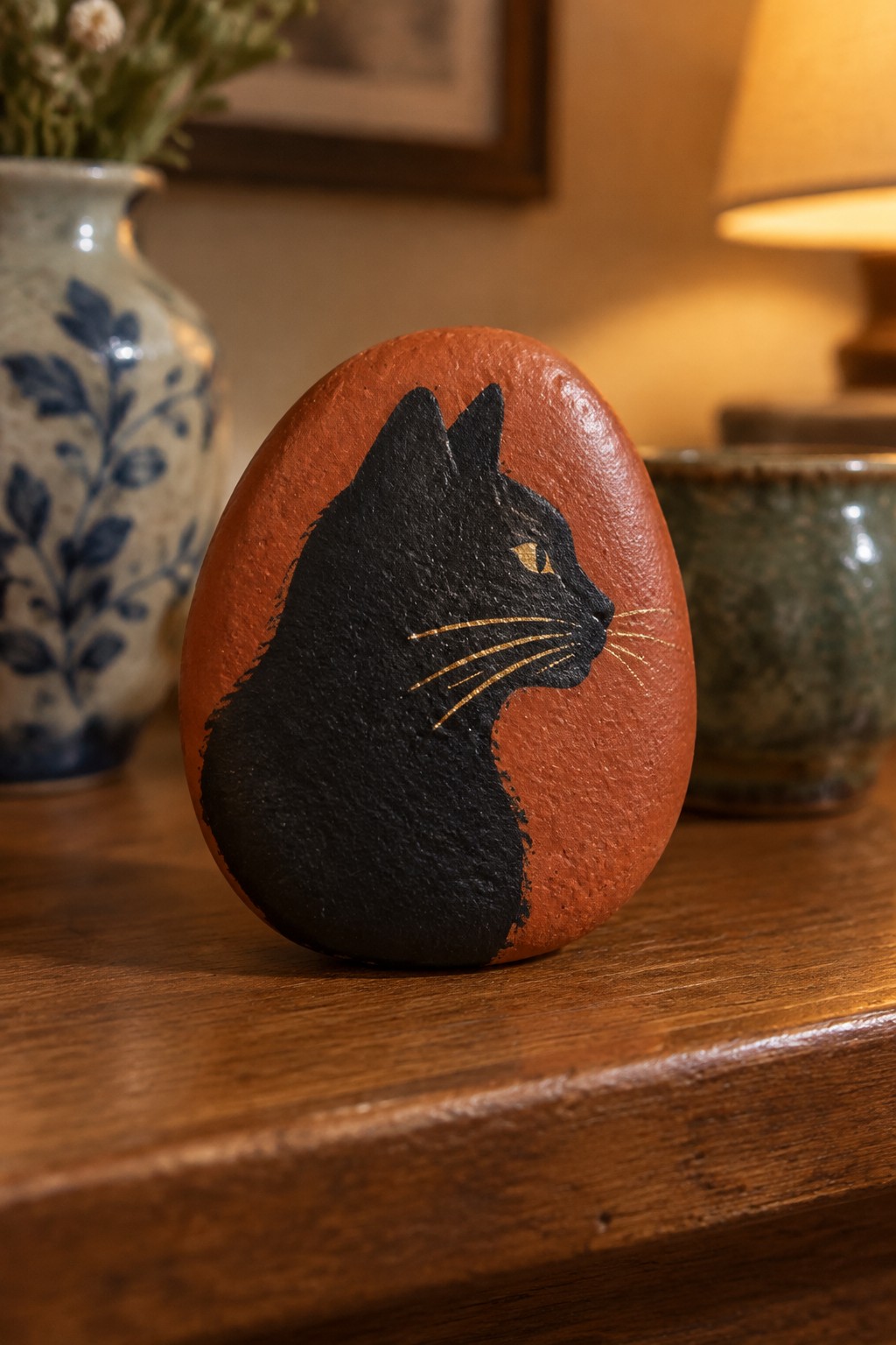 Painted orange rock with black cat silhouette, gold eye and whiskers on wood