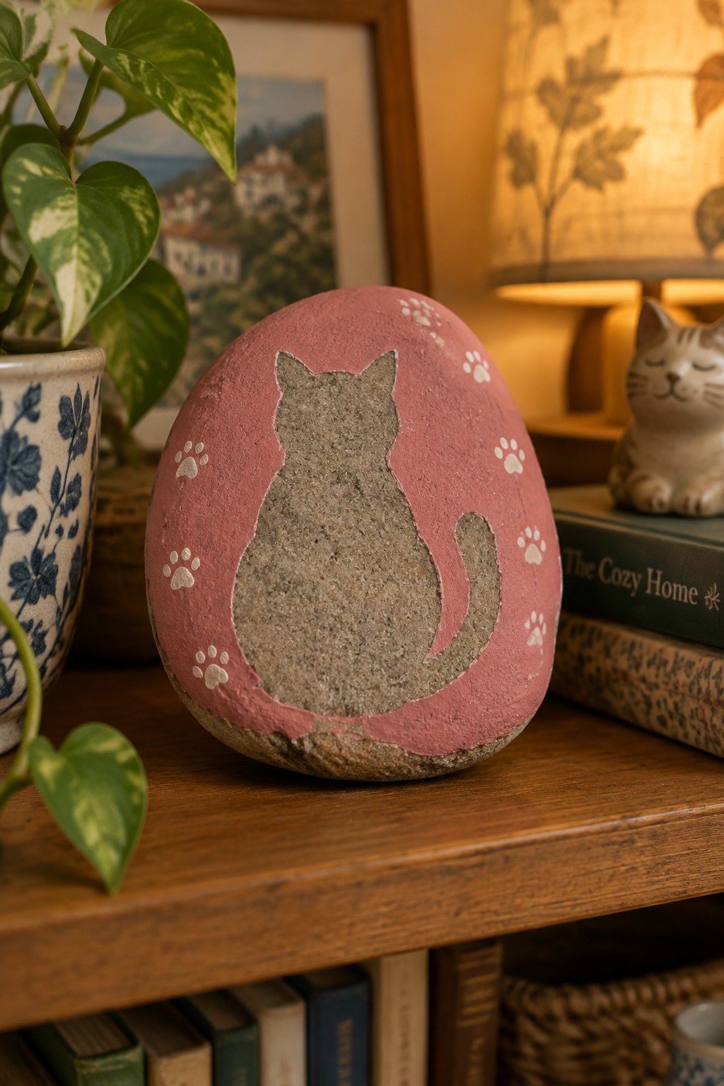 Pink painted rock with gray cat silhouette and white paw prints on wooden shelf.