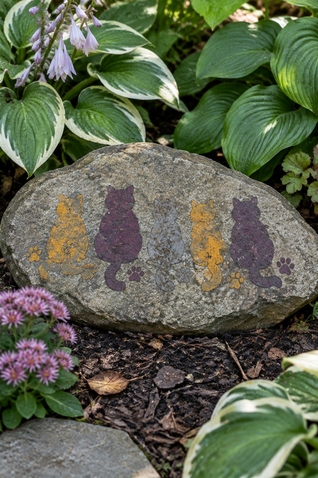 Rock with five colorful cat silhouettes and paw prints in garden
