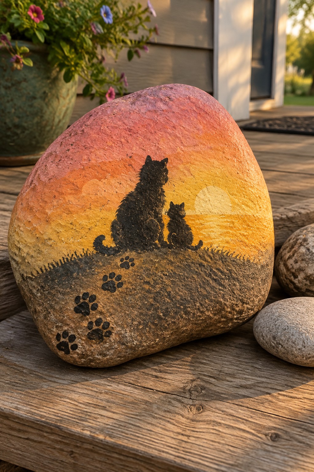 Painted rock with pink-orange sunset, two black cat silhouettes, and paw prints