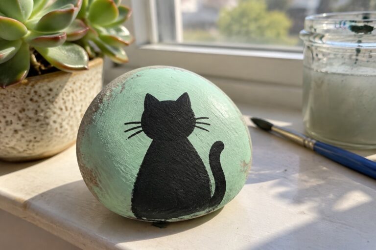 Mint green painted rock with black cat silhouette on sunny windowsill beside succulent and jar