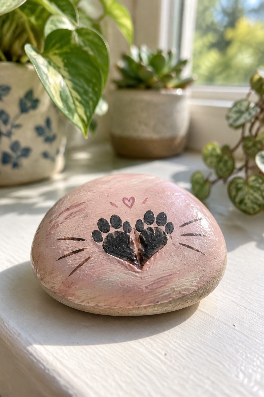 Pink painted rock with paw-print cat face heart on sunny windowsill with plants
