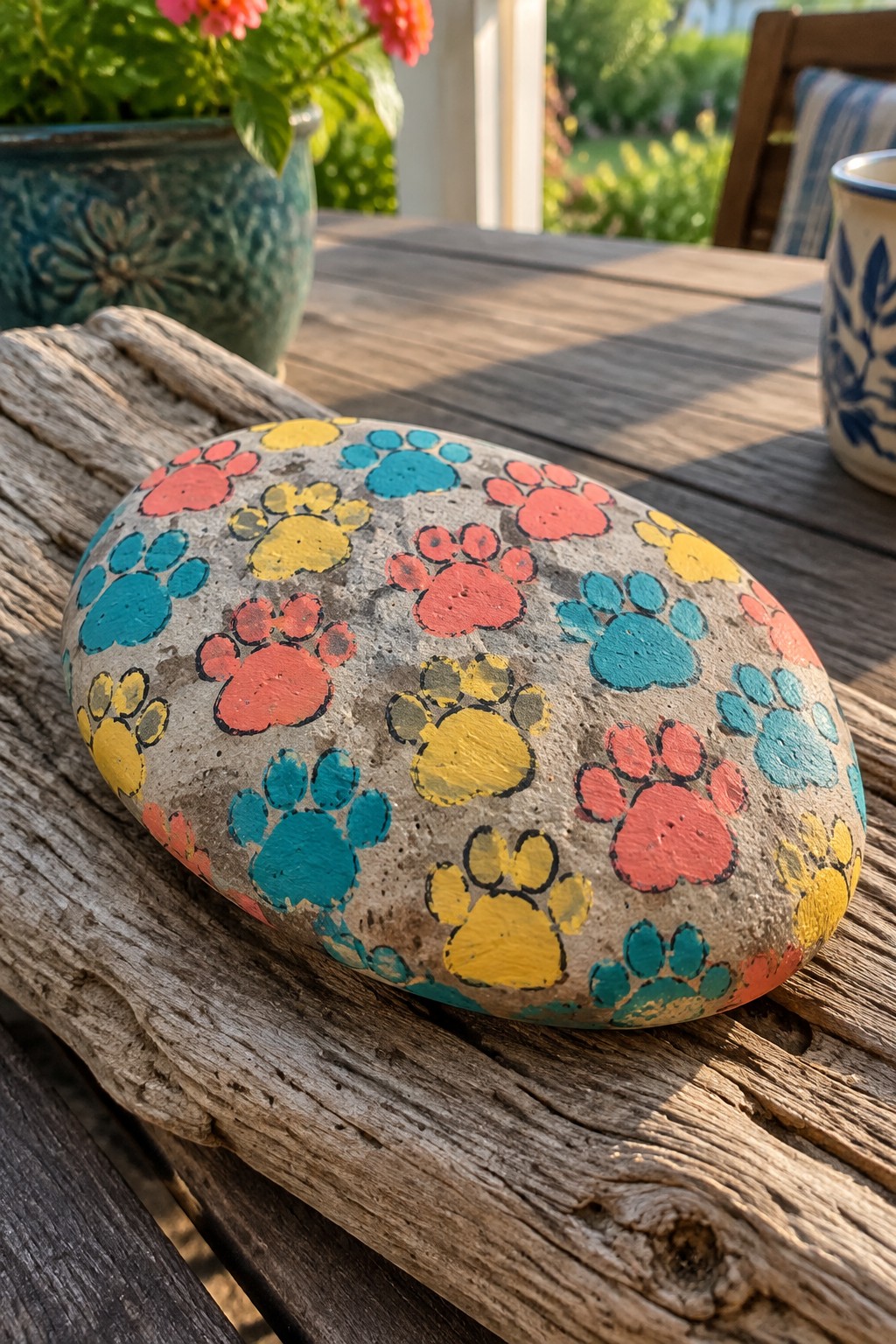 Colorful painted rock with red, yellow, and teal paw prints on wood