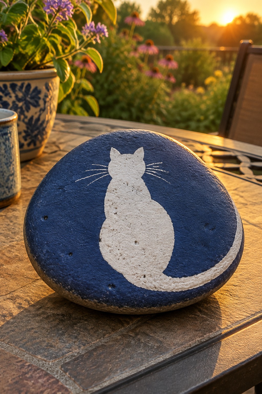 Dark blue painted rock with white cat silhouette on garden table at sunset