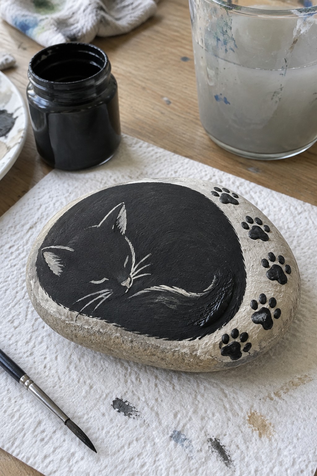 Painted stone with curled black cat, white whiskers, and paw prints amid paint supplies