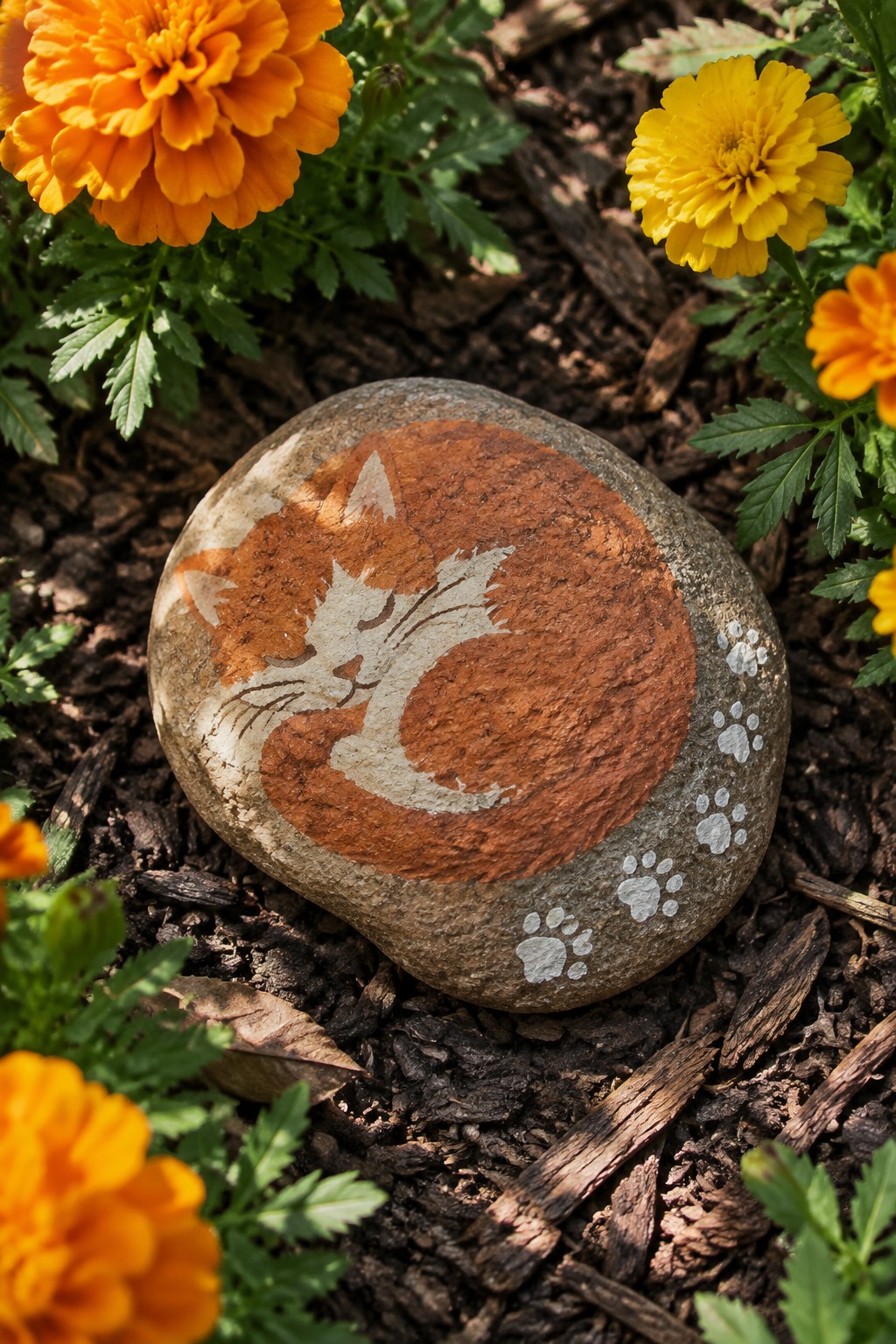 Painted stone with curled orange fox and paw prints amid marigold flowers