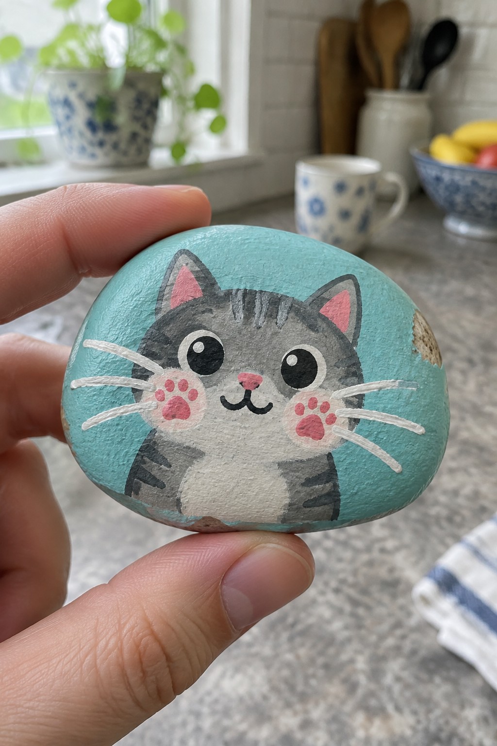 Hand holding turquoise rock painted with cute gray striped cat face