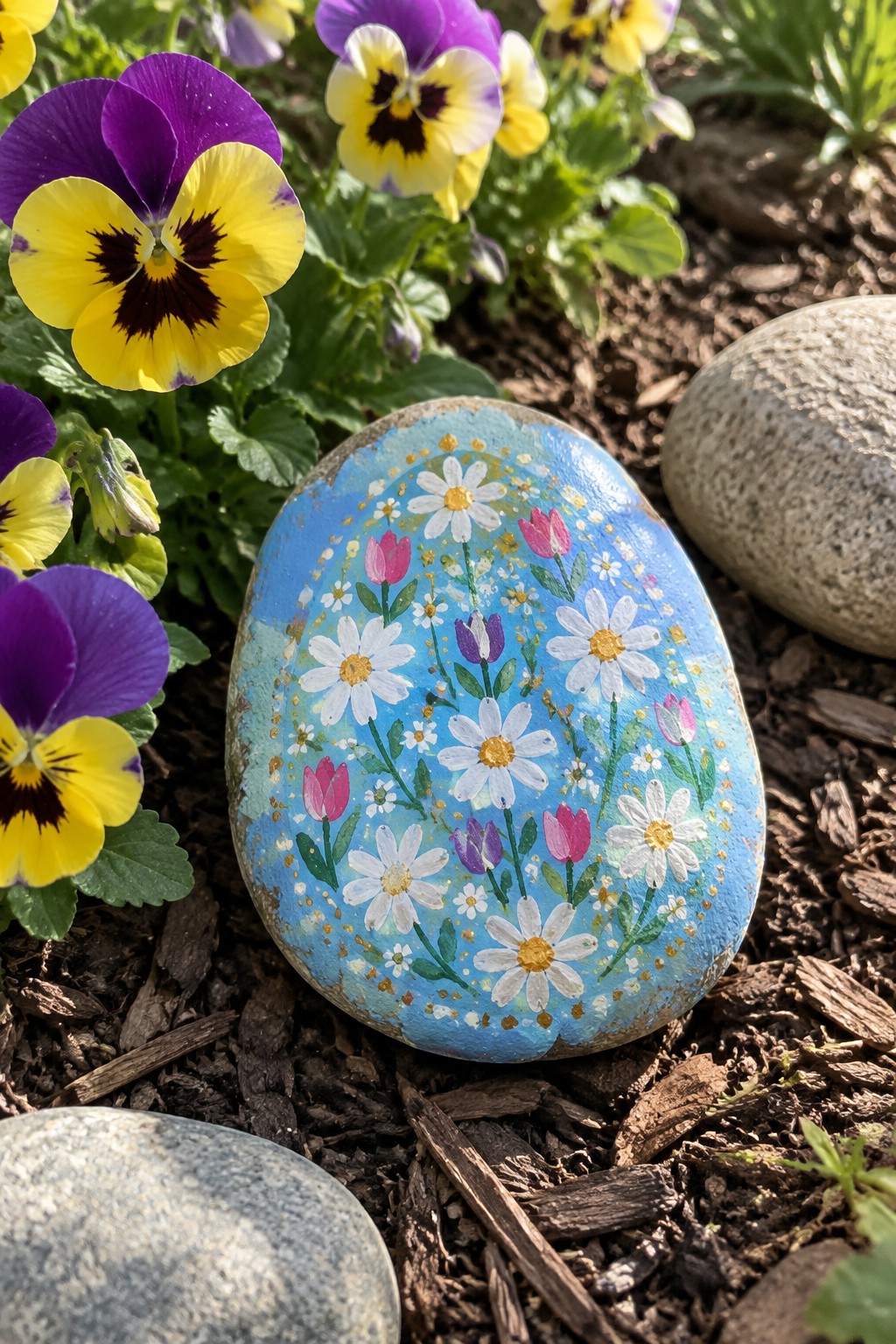 A blue painted egg-shaped rock with white daisies, pink and purple tulips, and gold dots sits among pansy flowers on mulch.