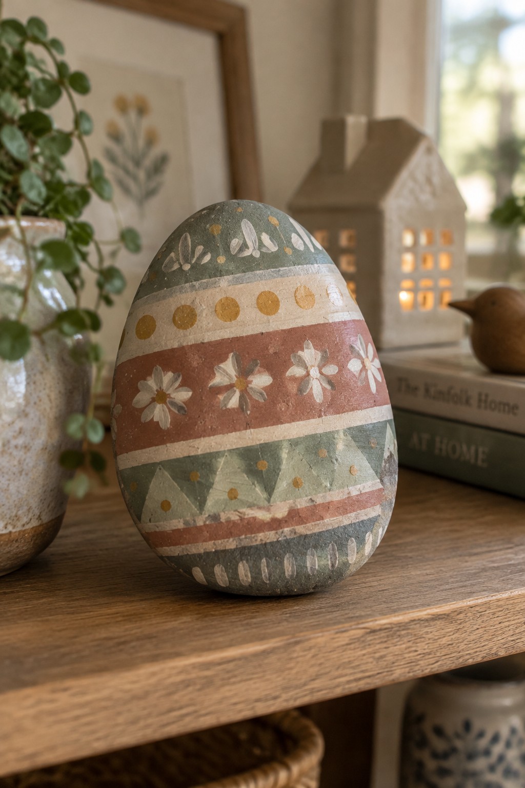 Painted decorative egg with floral and geometric patterns on wooden shelf with books and plant