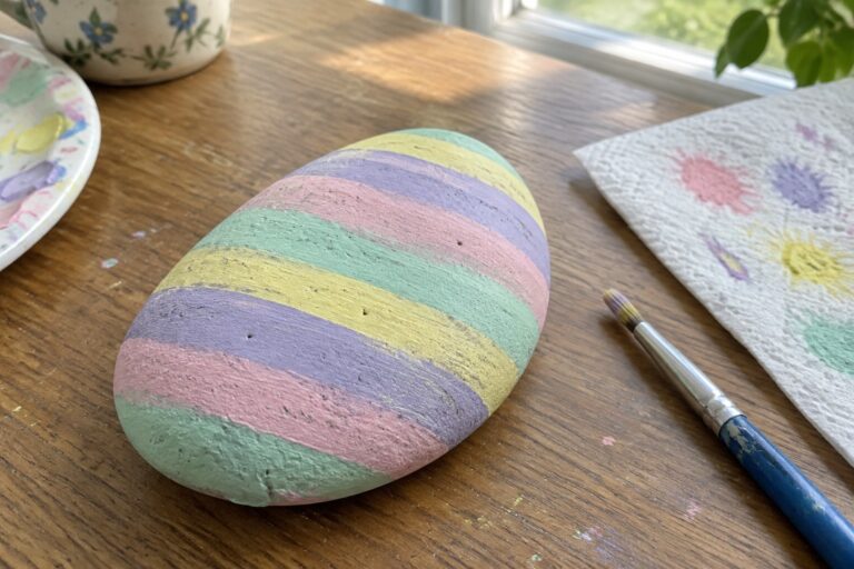 16 Easter Rock Painting Ideas Featuring Colorful Egg Patterns Pastel striped painted rock on wooden table with paintbrush and paper towel