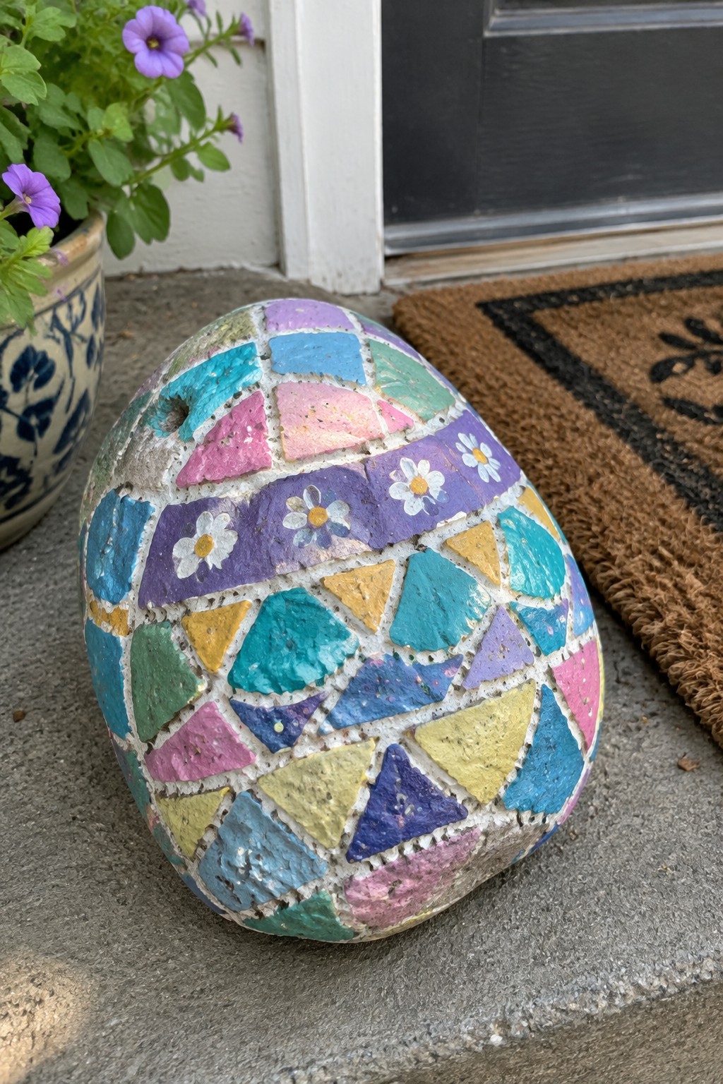 Colorful mosaic-painted egg-shaped stone on doorstep beside doormat and potted flowers