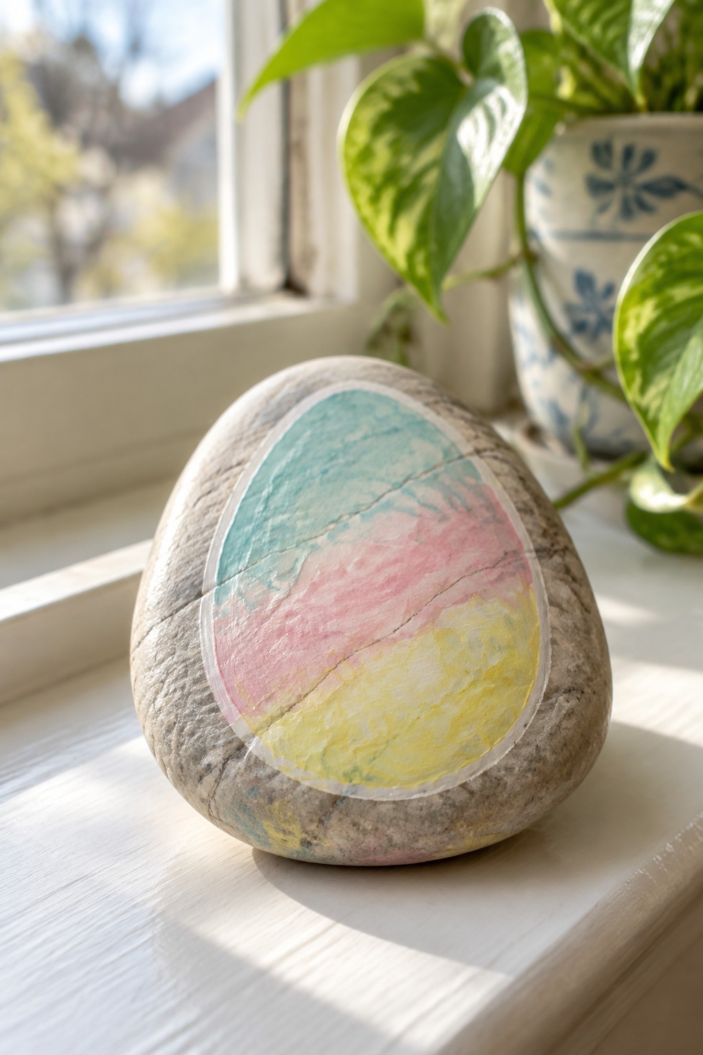 Painted stone with teal pink and yellow watercolor design on sunny windowsill near plant