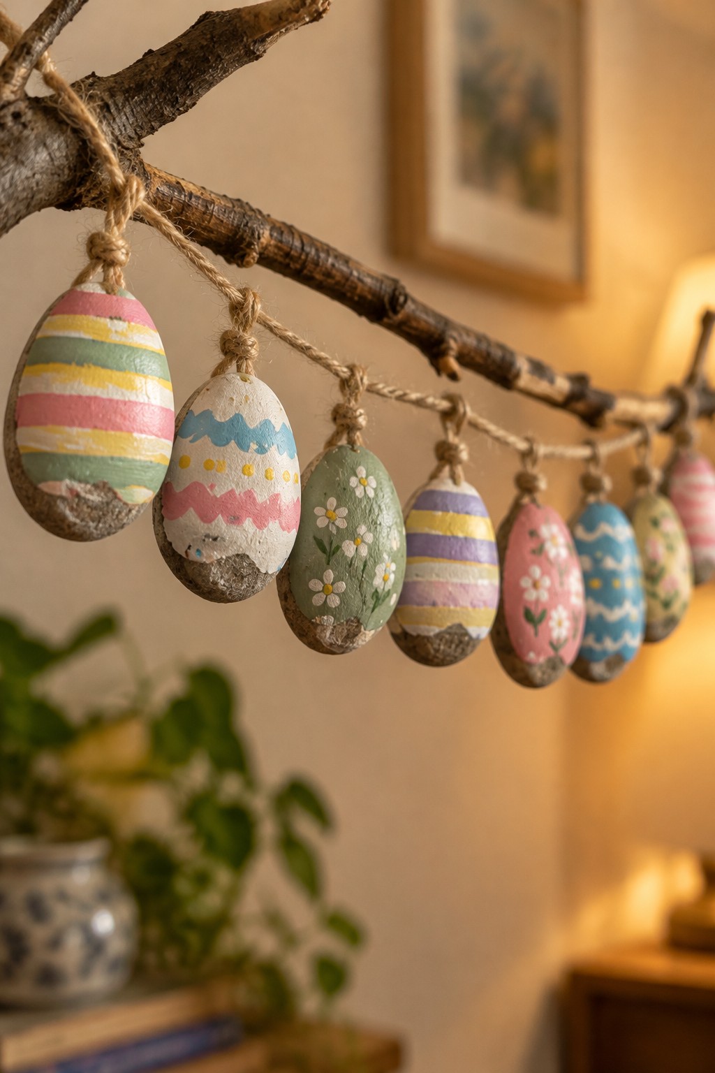 Colorful hand-painted Easter eggs with stripes and flowers hang from a branch.