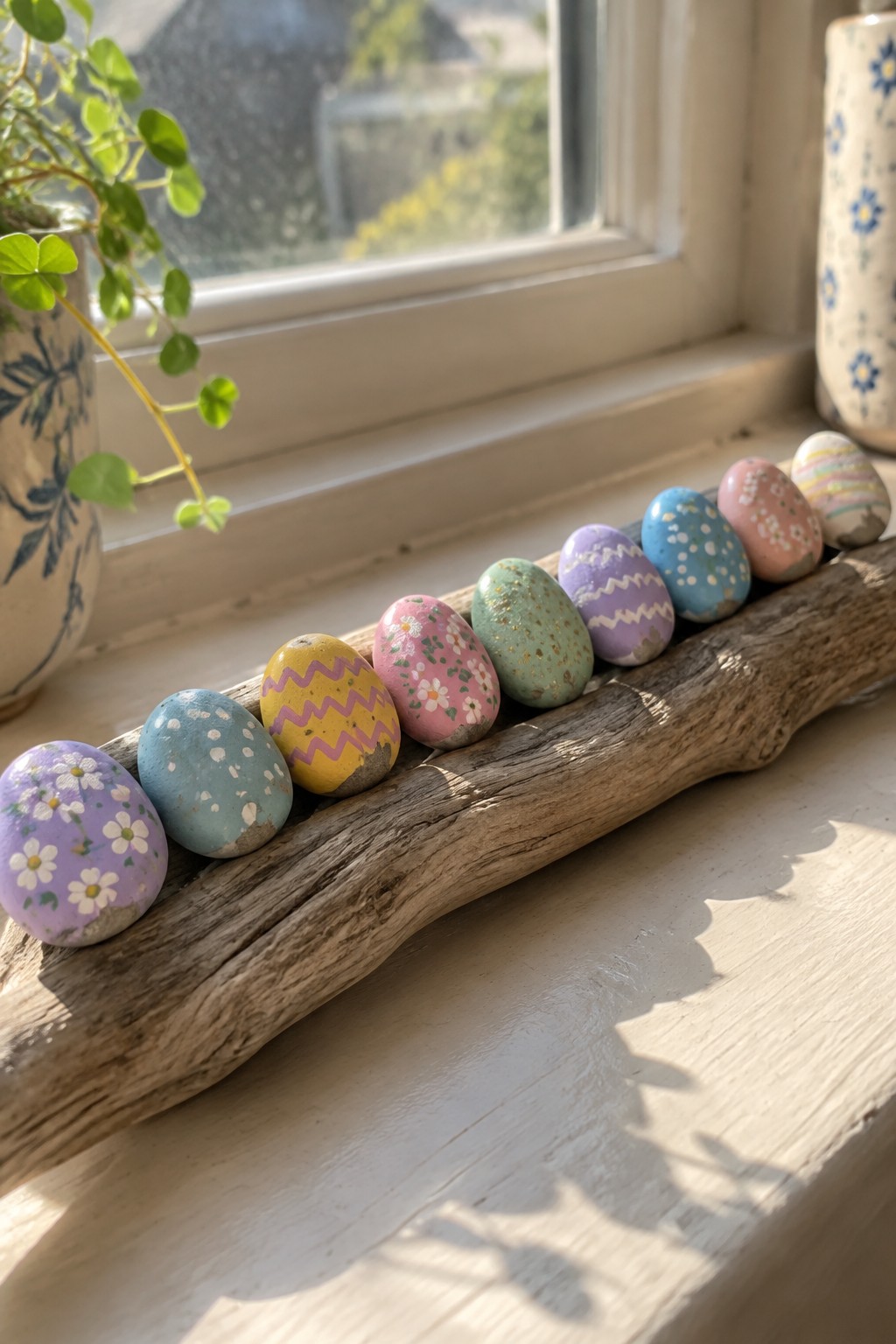 Row of colorful painted Easter eggs on driftwood along a sunny windowsill
