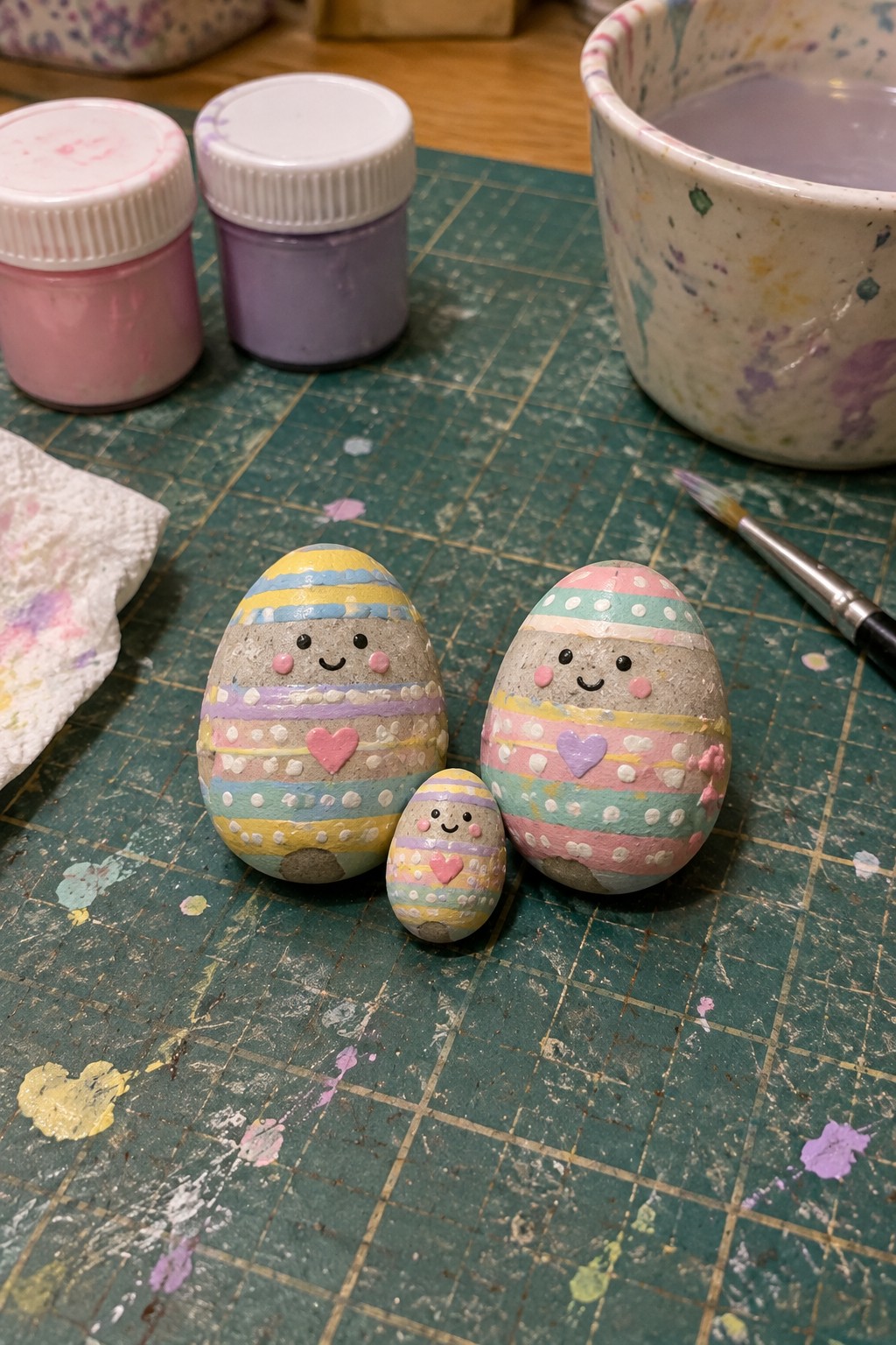 Three painted egg-shaped rocks with cute faces and pastel stripes on green mat