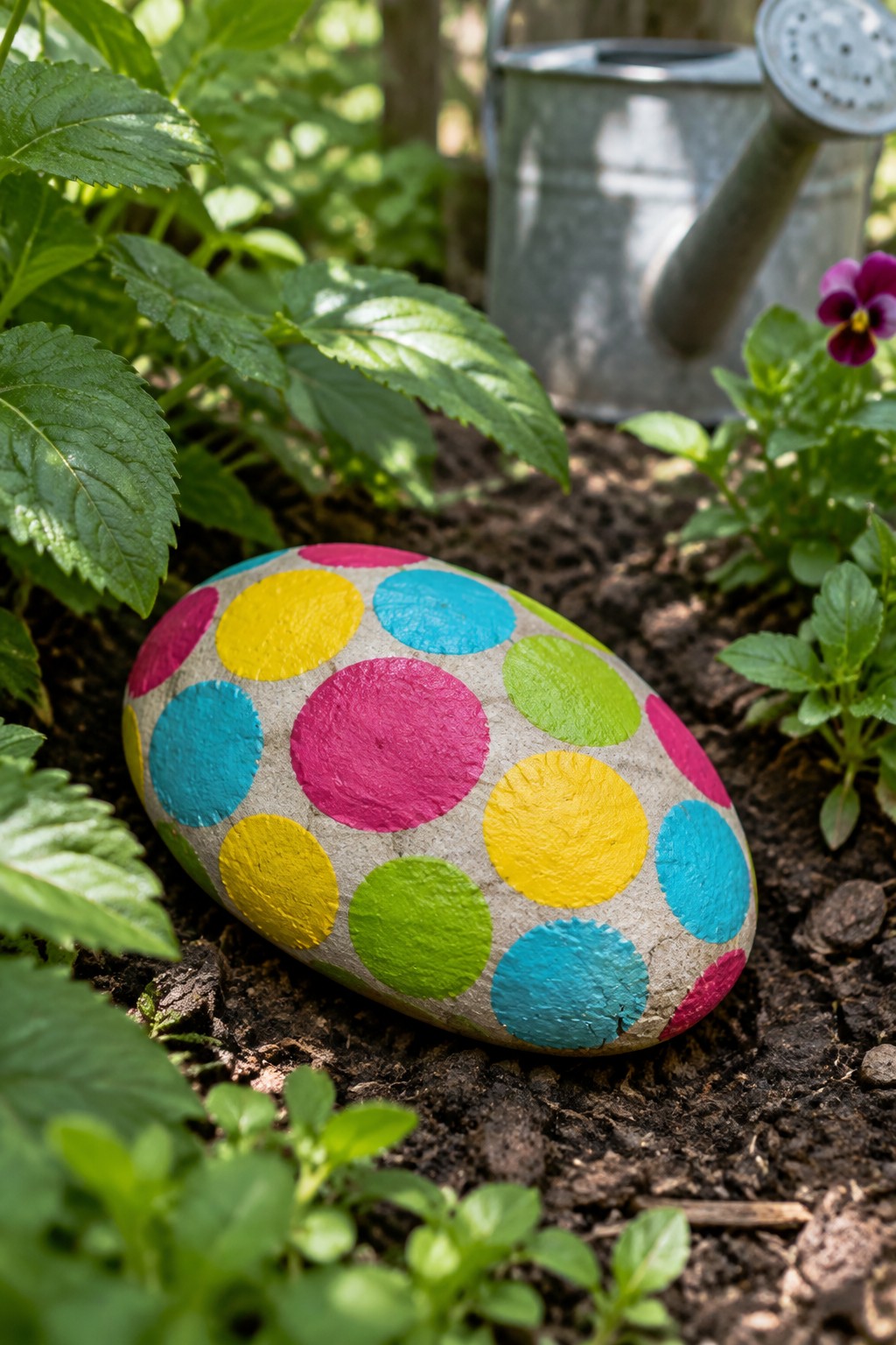 Colorful polka-dotted rock on garden soil amid green plants and watering can