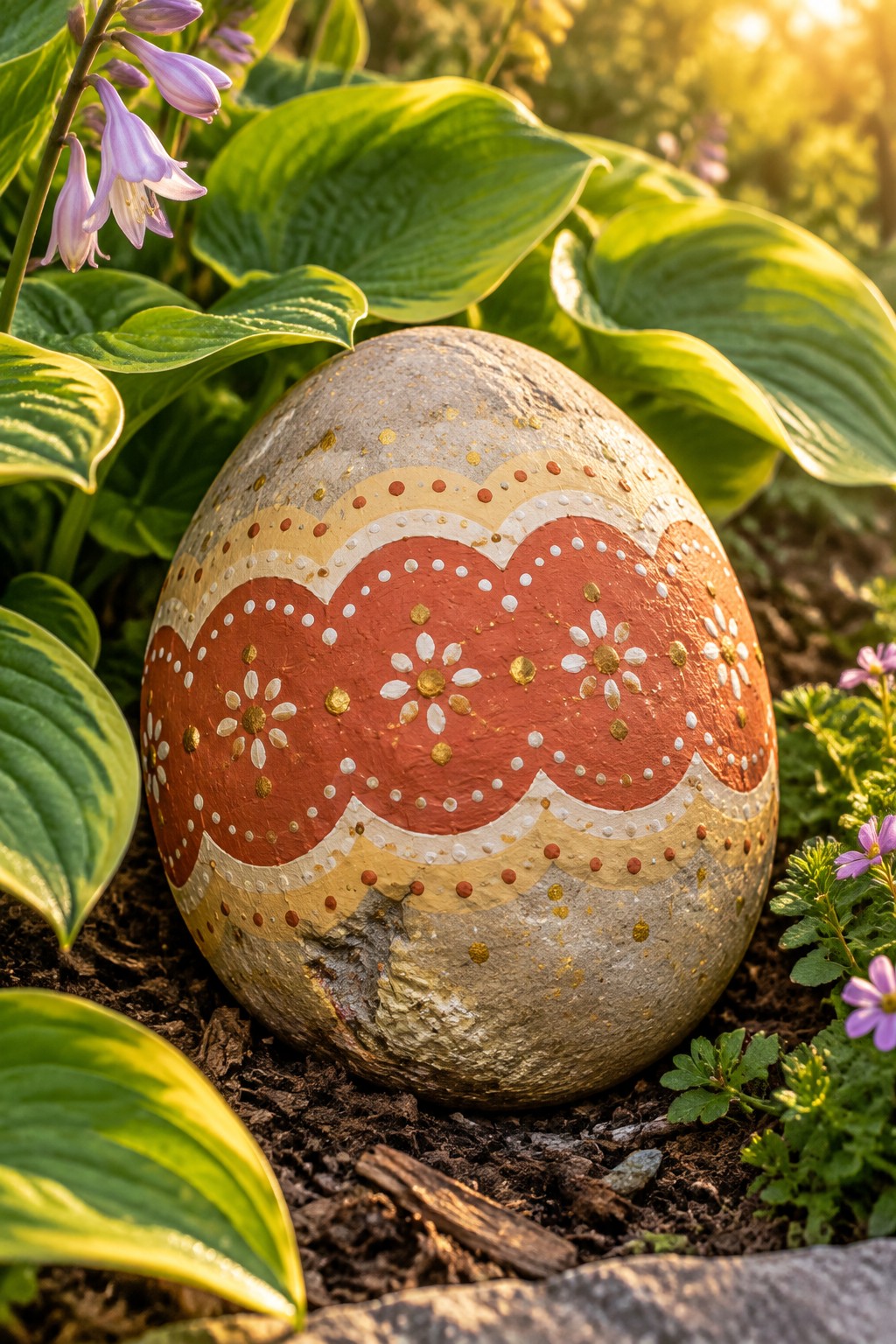Painted stone egg with red scalloped bands, white dots, and gold flowers amid hostas