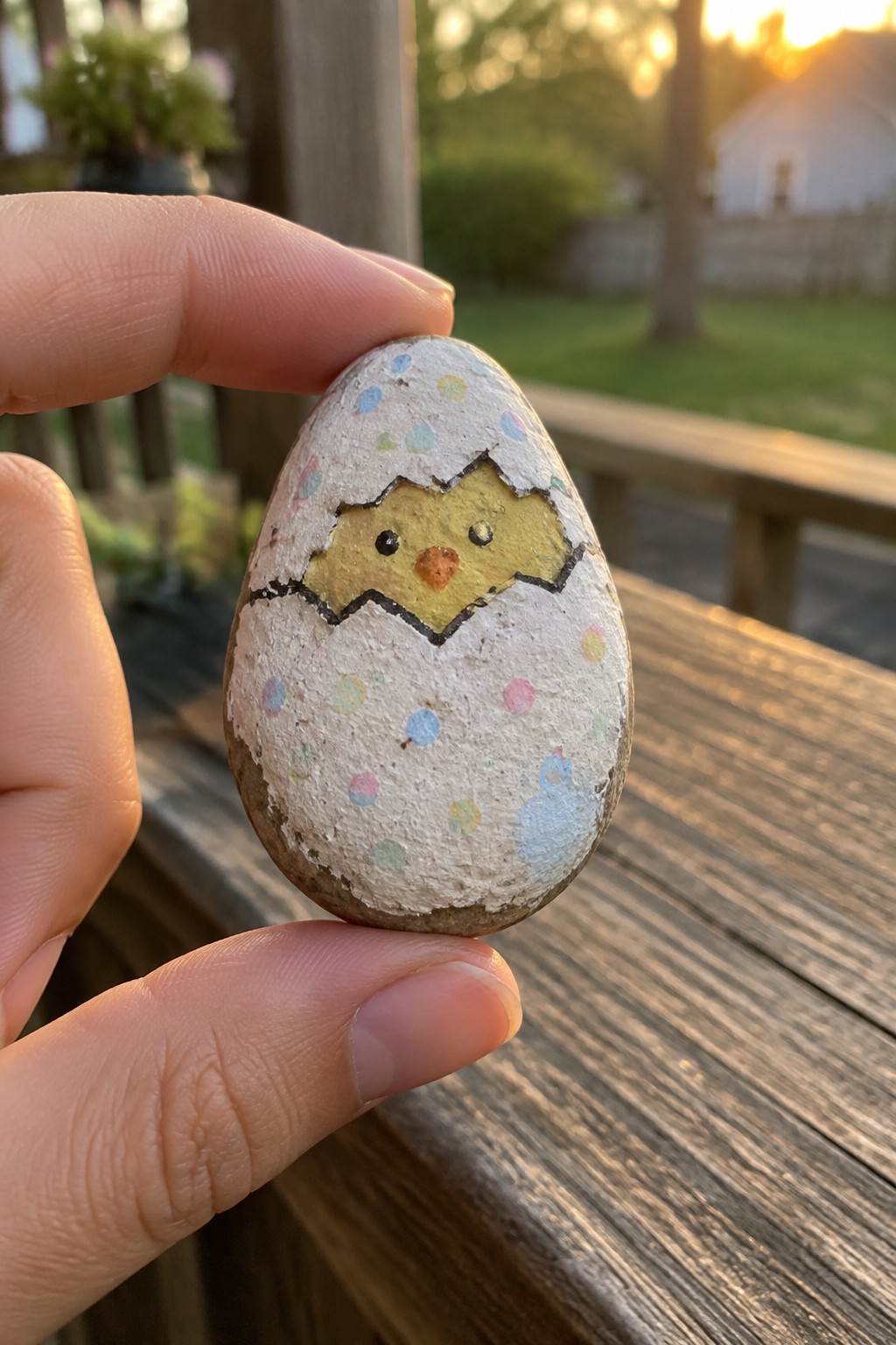 Hand holding a polka-dotted painted rock with a yellow chick hatching from an egg.