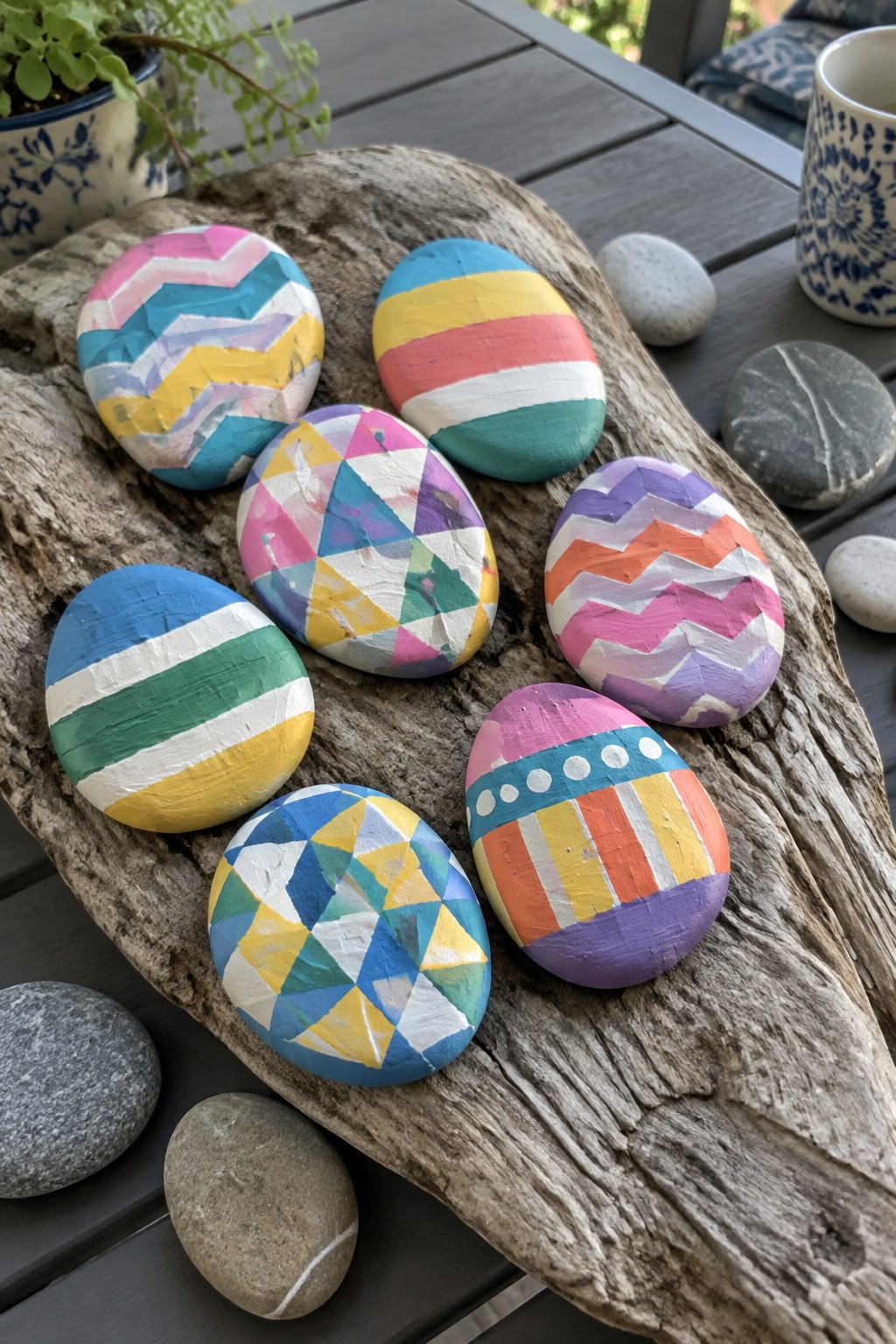 Colorful painted rocks with chevron, stripe and geometric patterns on driftwood.