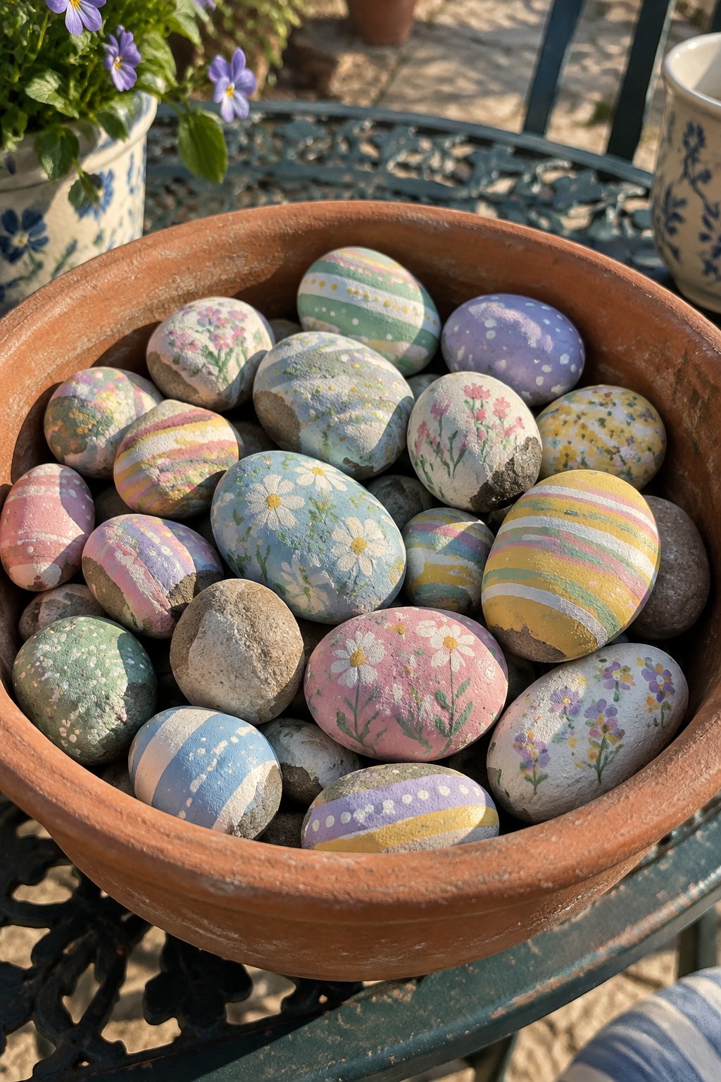 Terracotta bowl brimming with pastel-painted rocks adorned with flowers and stripes.