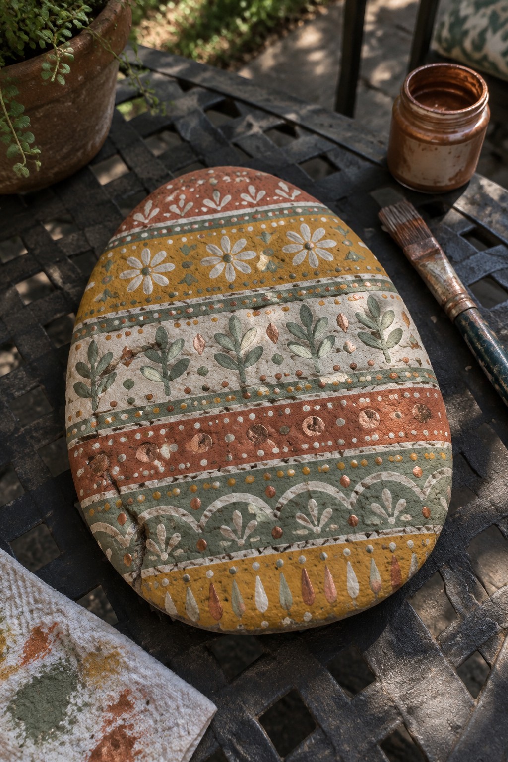 Painted oval stone with floral stripes beside brush and paint jar on metal table.