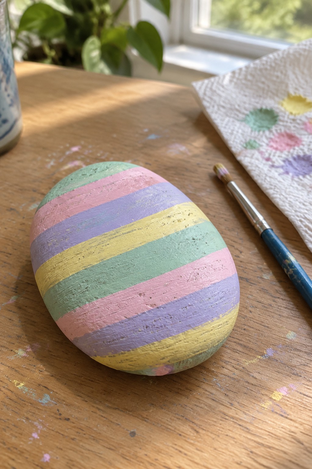 Pastel striped painted rock on wooden table with paintbrush and paper towel
