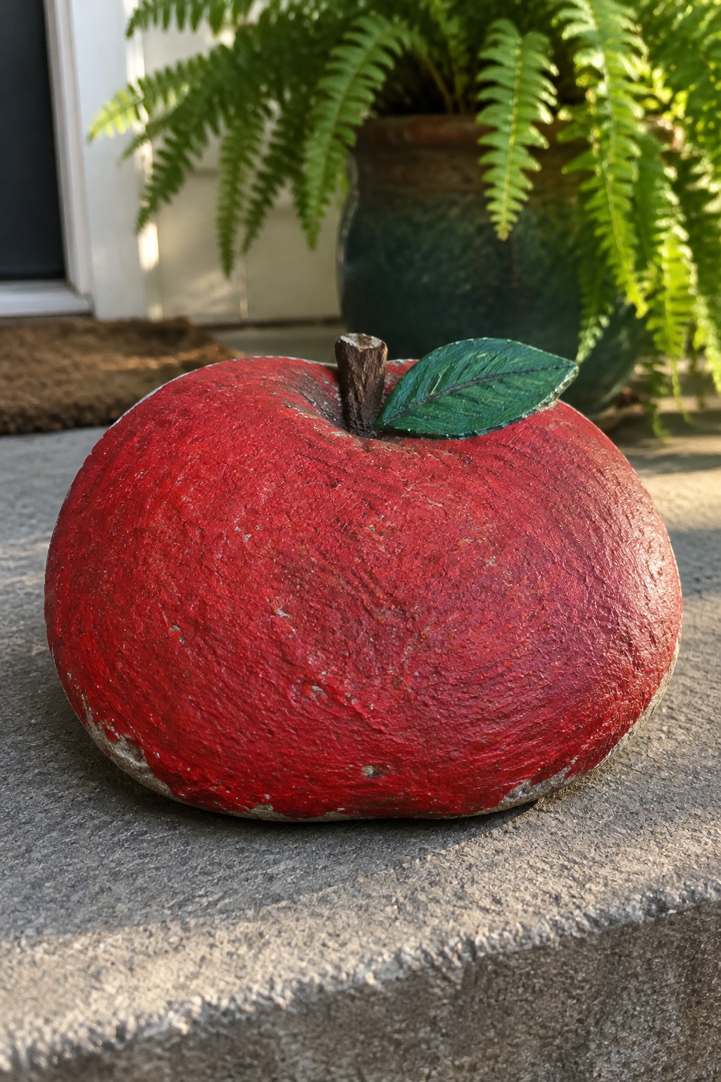 Red painted rock apple with stem and green leaf on concrete step