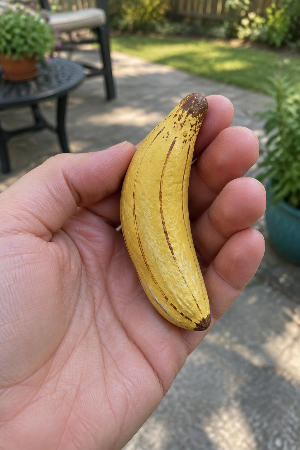 Hand holding small yellow wooden banana carving with brown streaks outdoors