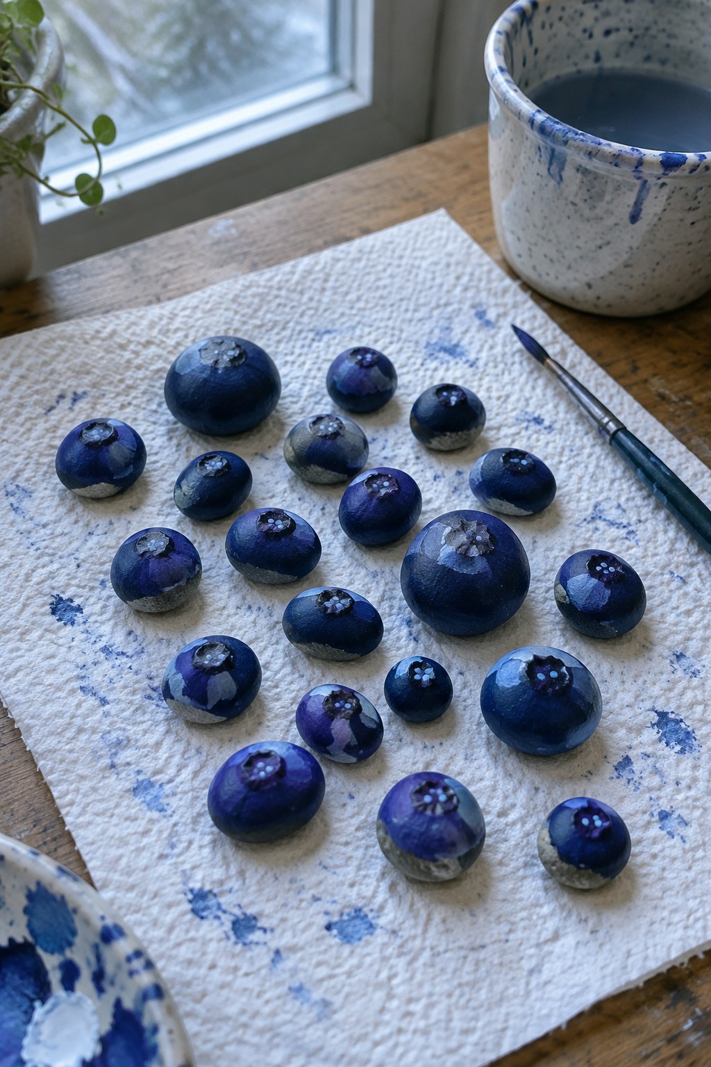 Small rounded rocks painted as blueberries in shades of blue and purple sit on a paper towel next to a paintbrush and ceramic cup.