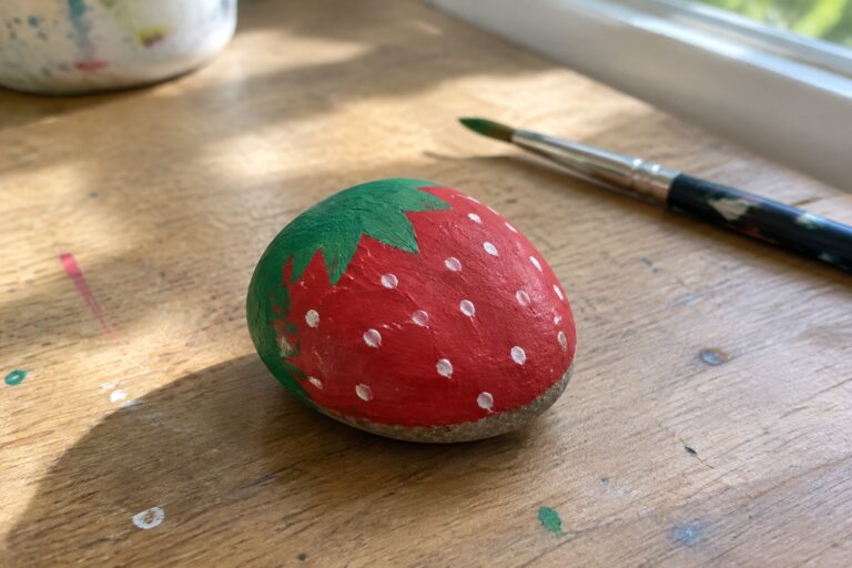 16 Easy Fruit Rock Painting Ideas With Recognizable Shapes Red strawberry rock painted with white seeds and green leaves on wooden table