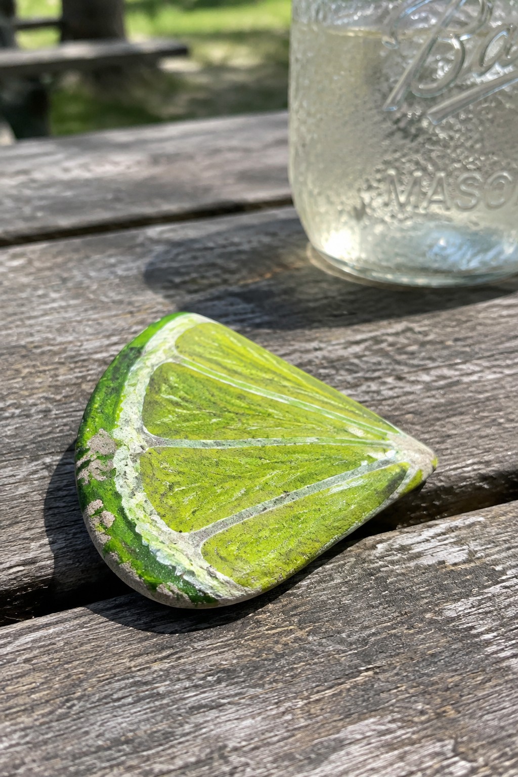 Lime slice painted on rock on weathered wooden table beside mason jar