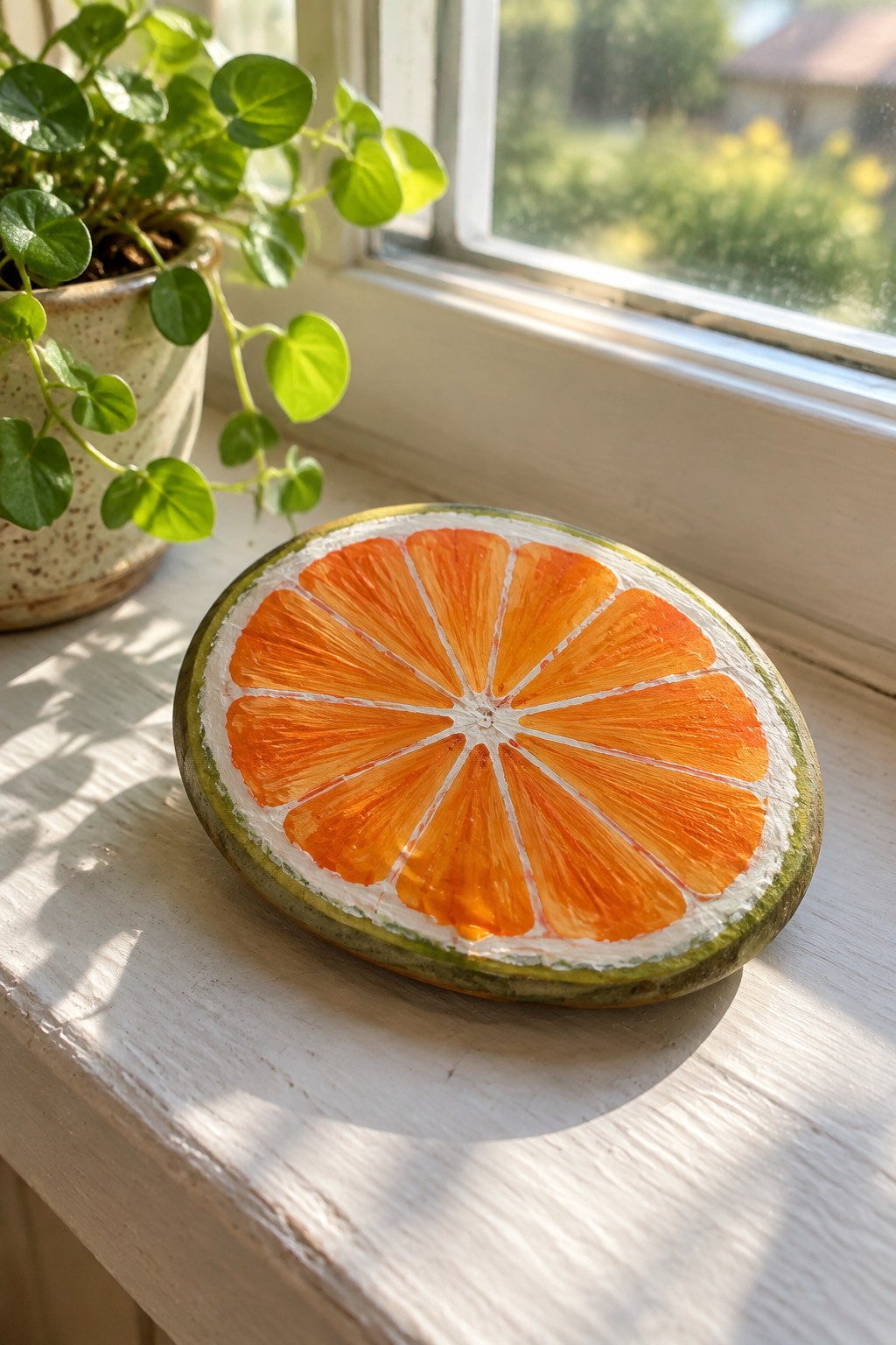 Painted orange slice on round rock rests on sunny white windowsill beside potted plant.