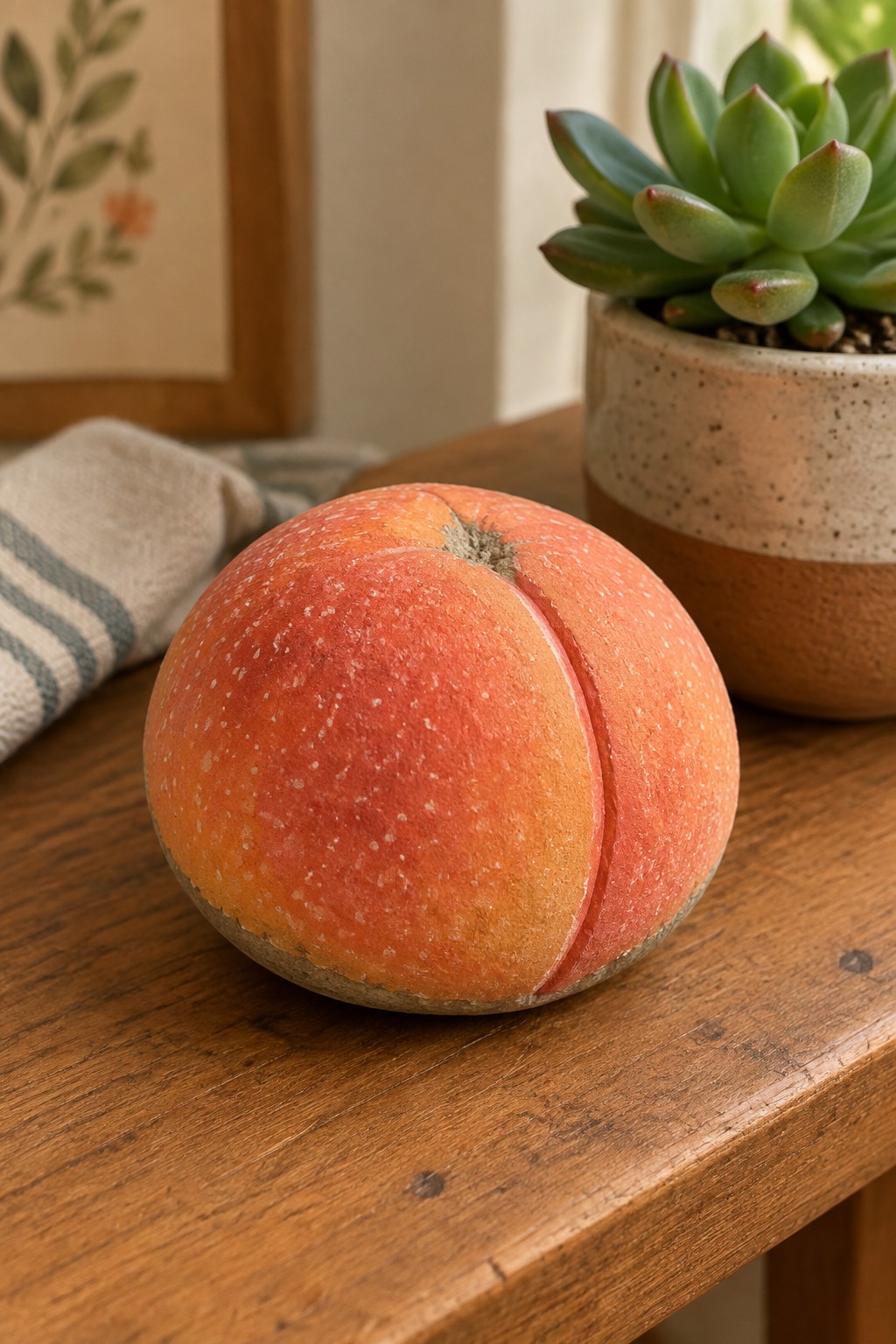 Speckled orange-red peach on wooden table beside potted succulent and striped cloth