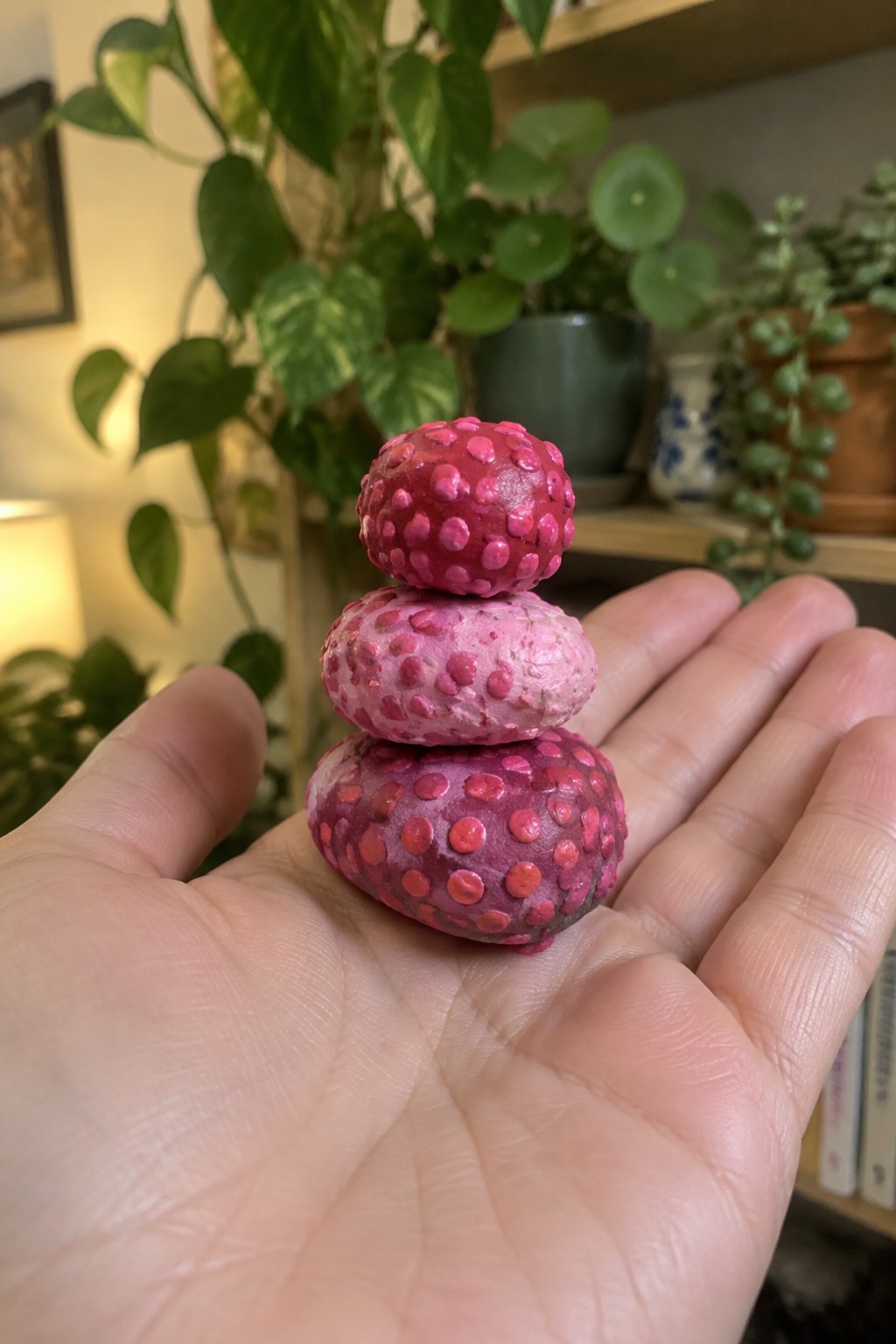 Open hand holding three stacked pink dotted painted rocks with houseplants behind.