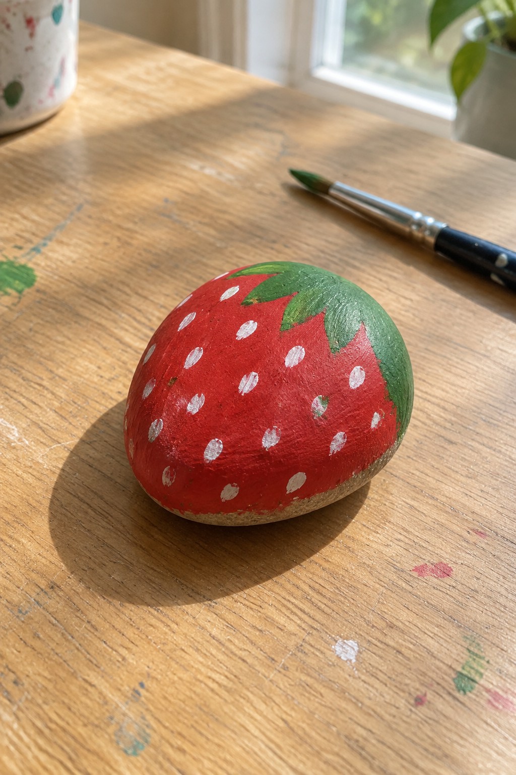 Red strawberry rock painted with white seeds and green leaves on wooden table